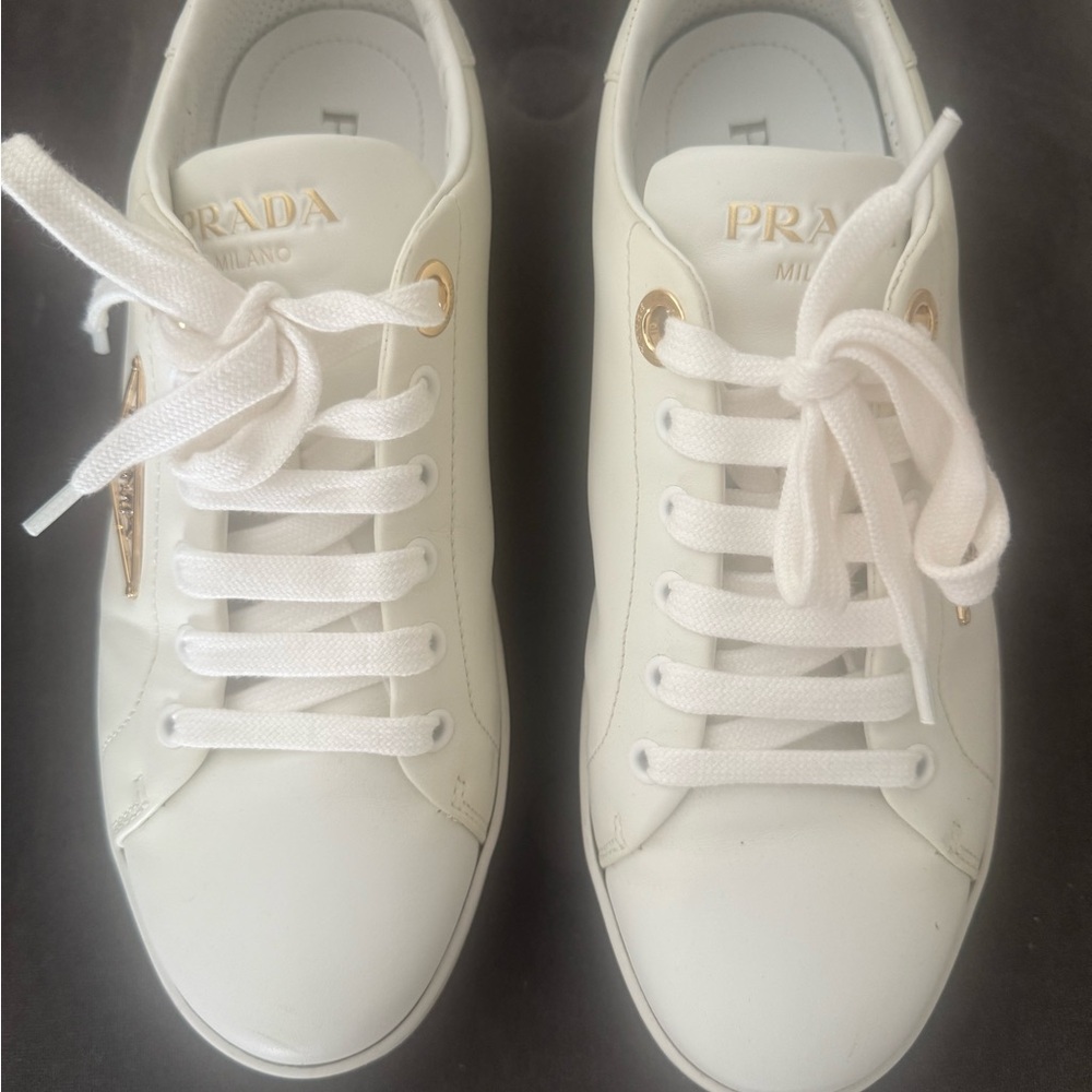 Prada Women's Cream Sneakers with Gold Accents - Picture 1 of 7